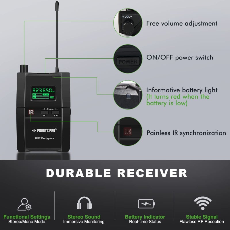 Phenyx Pro PTM-10 Stereo Wireless in Ear Monitor System Bodypack Receiver, Performance with 89 Adjustable Frequencies - Image 3